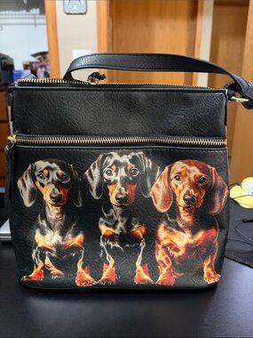 Black Dachshund Print Dog Crossbody Bag - Unbranded
